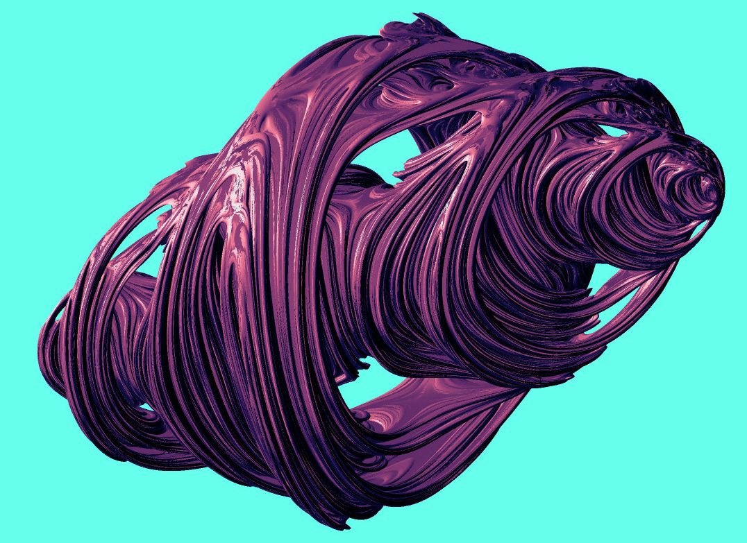 A distance-estimated rendering of a pink 3D slice of a 4D quaternion Julia set fractal