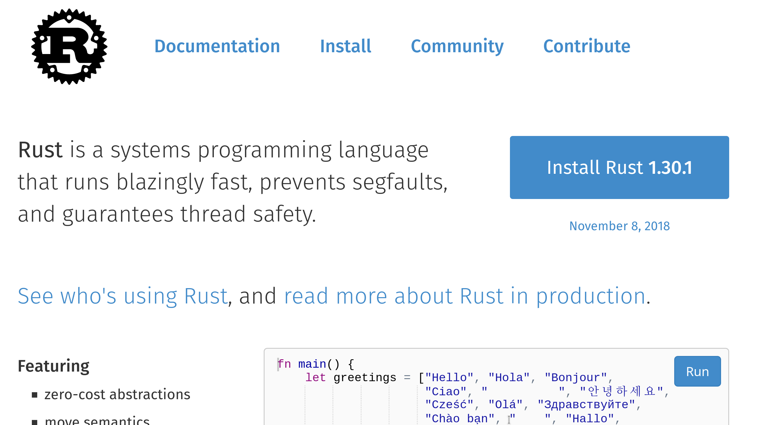 A screenshot of the rust-lang.org website in late 2018. The headline reads "Rust is a systems programming language that runs blazingly fast, prevents segfaults, and guarantees thread safety."