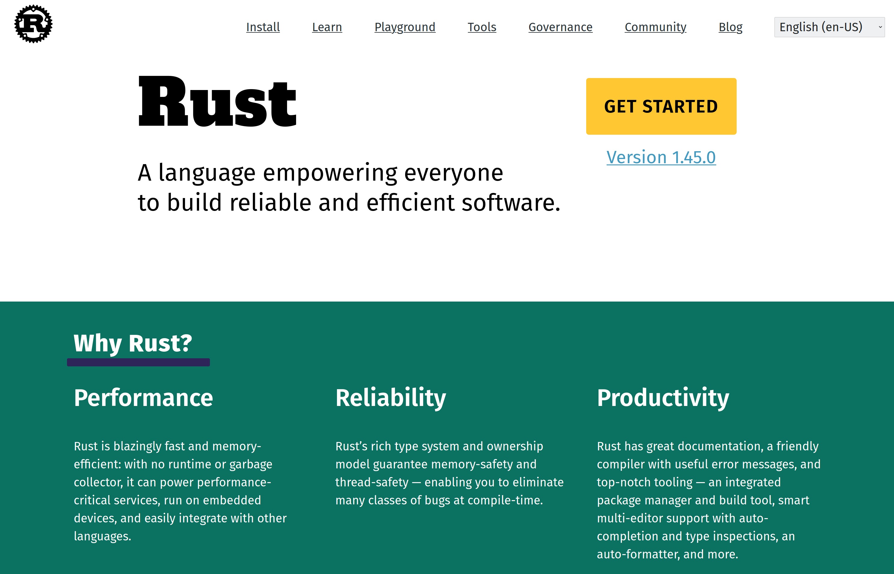 A screenshot of the rust-lang.org website in mid-2020. The headline reads "A language empowering everyone to build reliable and efficient software." and sections under "Why Rust?" emphasize performance, reliability, and productivity.